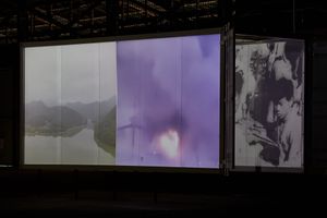 Kang Tae Hun, _Where Are They Going_ (2022). Seven-channel video, projection mapping, stainless steel, polycarbonate, PVC film. 420 x 690 x 350 cm, 19min 10sec. Exhibition view: Busan Biennale, _We, on the Rising Wave_ (3 September–6 November 2022). Courtesy Busan Biennale Organizing Committee.